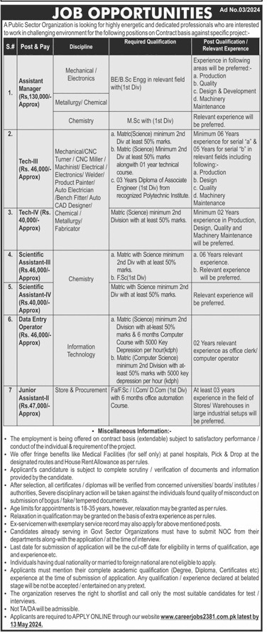 PUBLIC SECTOR ORGANIZATION'S PROJECT POSITIONS | PO BOX NO. 2381, ISLAMABAD - AD NO.03/2024