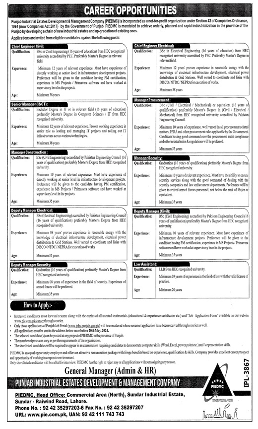 PUNJAB INDUSTRIAL ESTATES DEVELOPMENT & MANAGEMENT COMPANY | PIEDMC, CAREER OPPORTUNITIES MAY 2024
