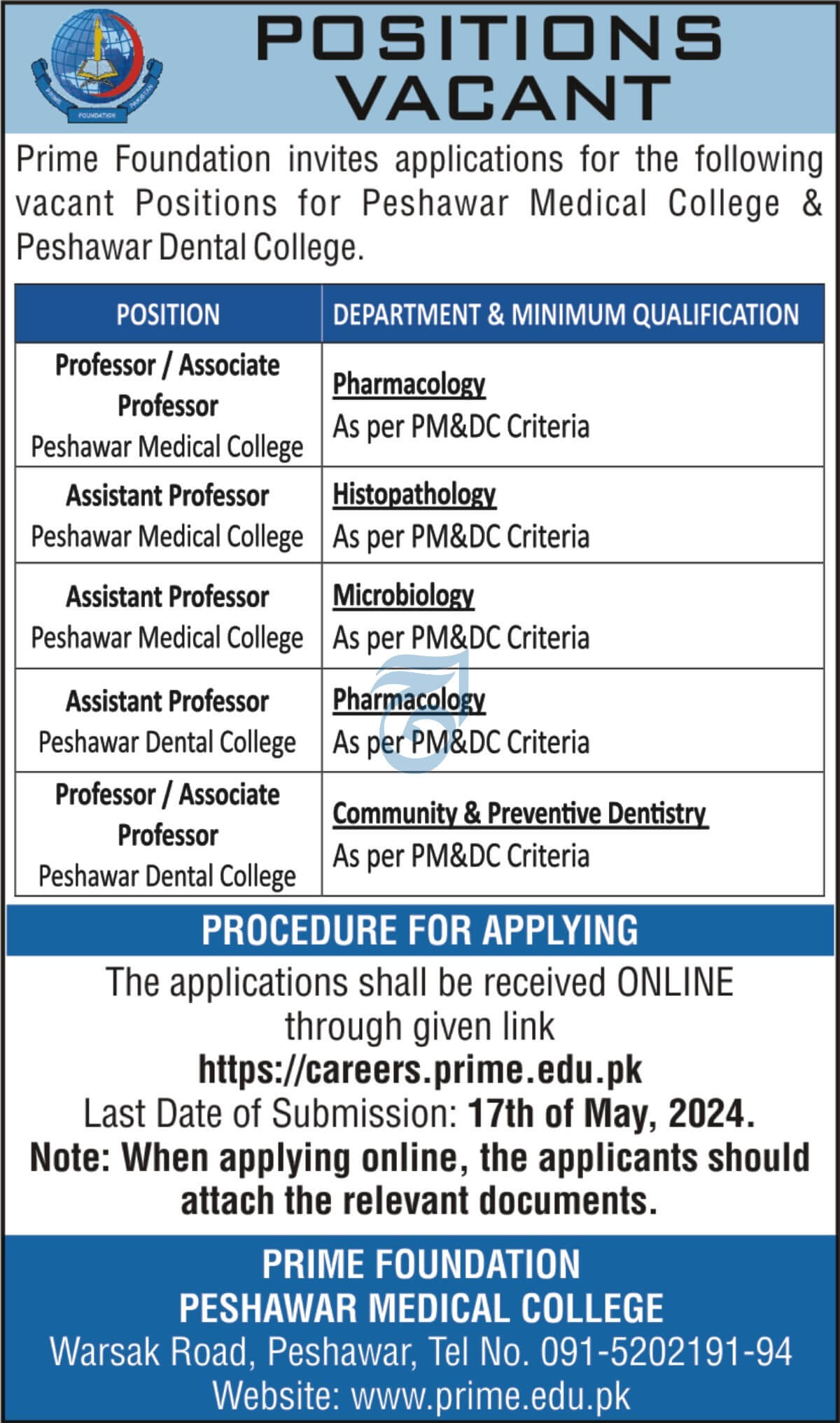 FACULTY POSITIONS VACANT AT PESHAWAR MEDICAL COLLEGE & PESHAWAR DENTAL COLLEGE MAY-2024