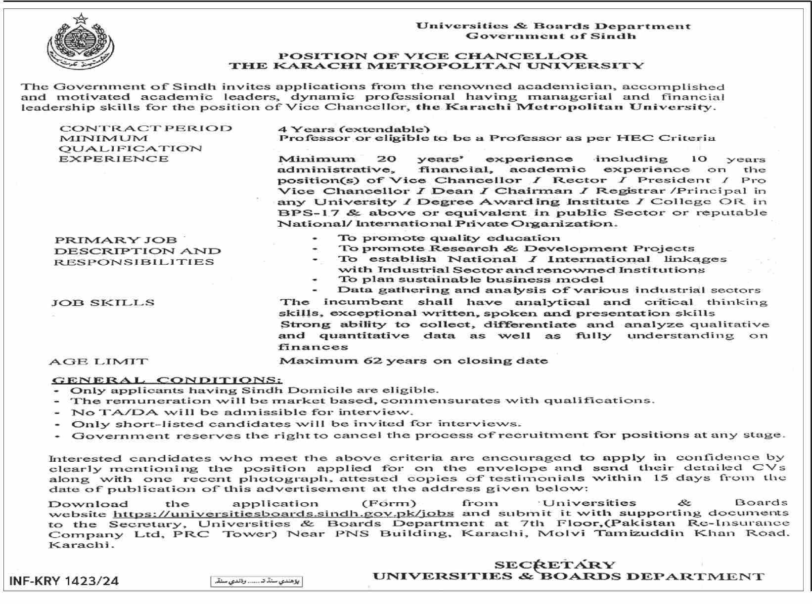 POSITION OF VICE CHANCELLOR THE KARACHI METROPOLITAN UNIVERSITY 2024