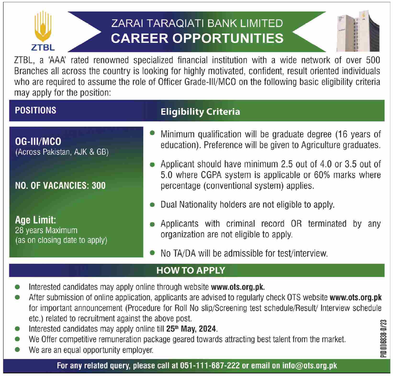ZARAI TARAQIATI BANK LIMITED | ZTBL OFFICER GRADE-III/MCO POSITIONS MAY-2024