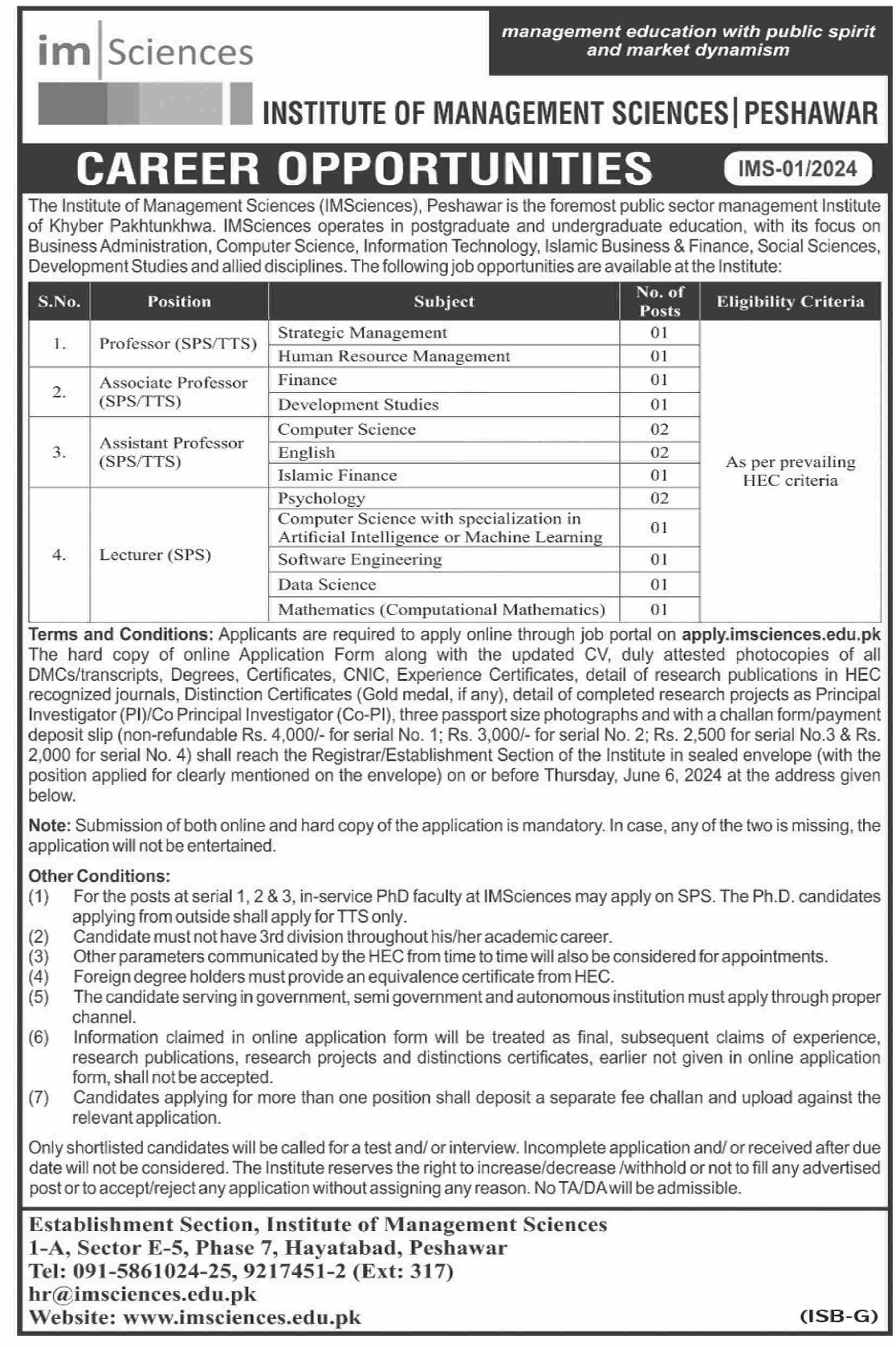 INSTITUTE OF MANAGEMENT SCIENCES | IMSCIENCES PESHAWAR FACULTY POSITIONS IMS-01/2024