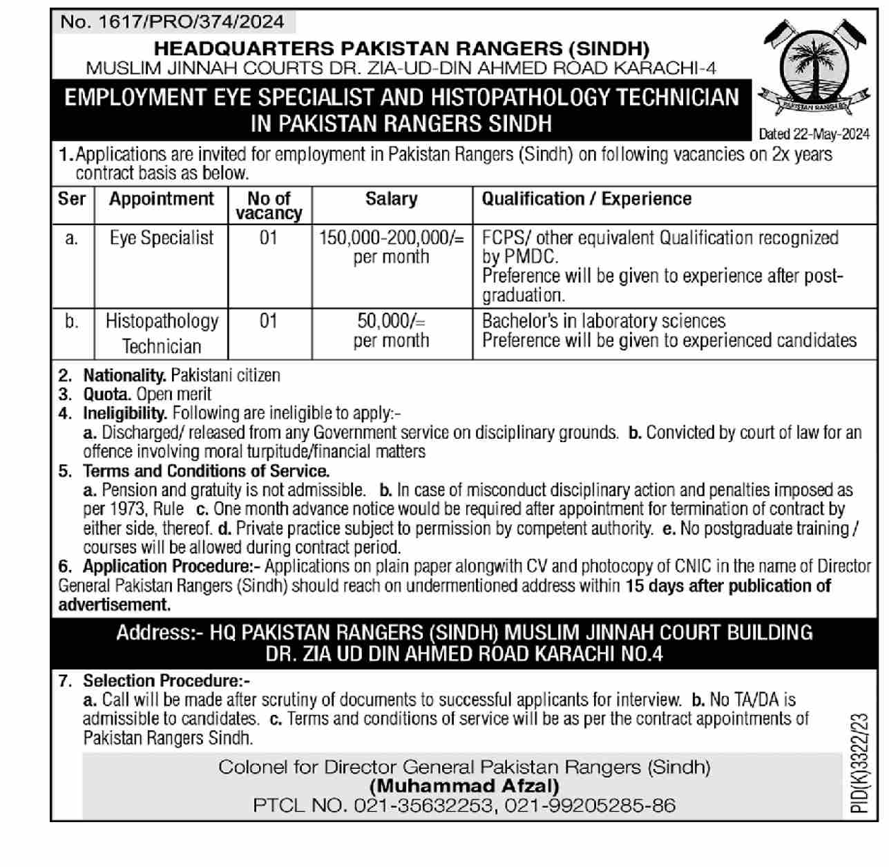 EMPLOYMENT EYE SPECIALIST & HISTOPATHOLOGY TECHNICIAN IN HQ PAKISTAN RANGERS SINDH 2024