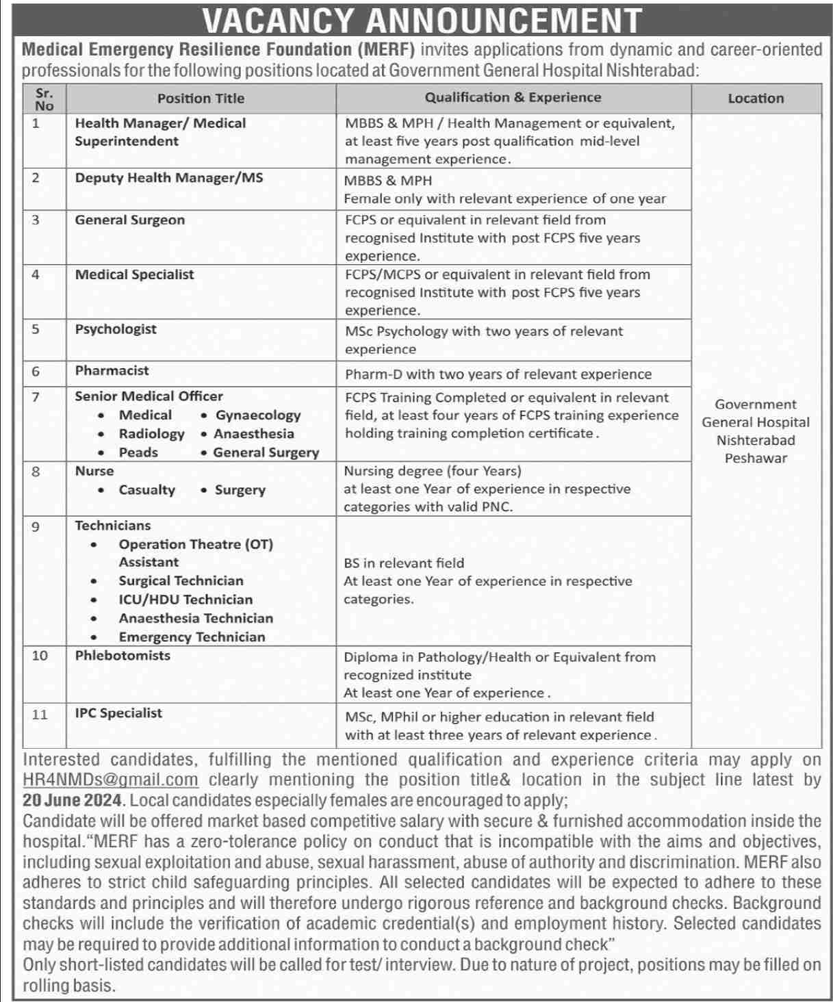 MEDICAL EMERGENCY RESILIENCE FOUNDATION | MERF GOVT GENERAL HOSPITAL NISHTERABAD, PESHAWAR VACANCIES JUNE 2024