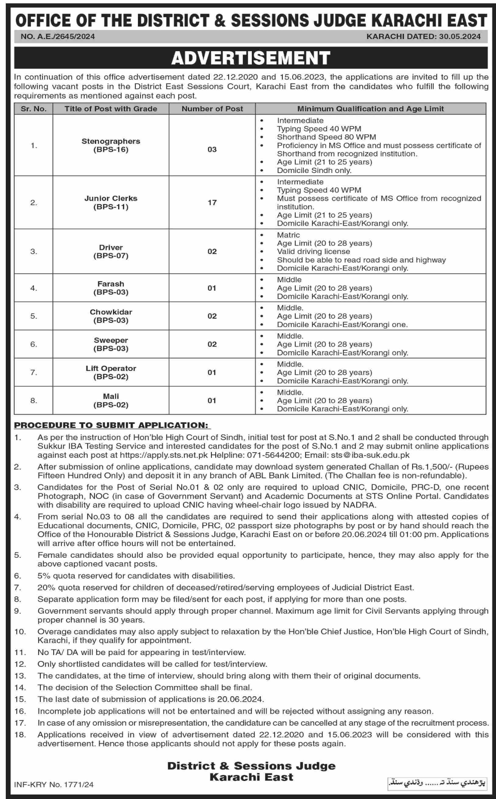 DISTRICT & SESSIONS COURTS KARACHI EAST - STAFF RECRUITMENT ADVERTISEMENT JUNE 2024