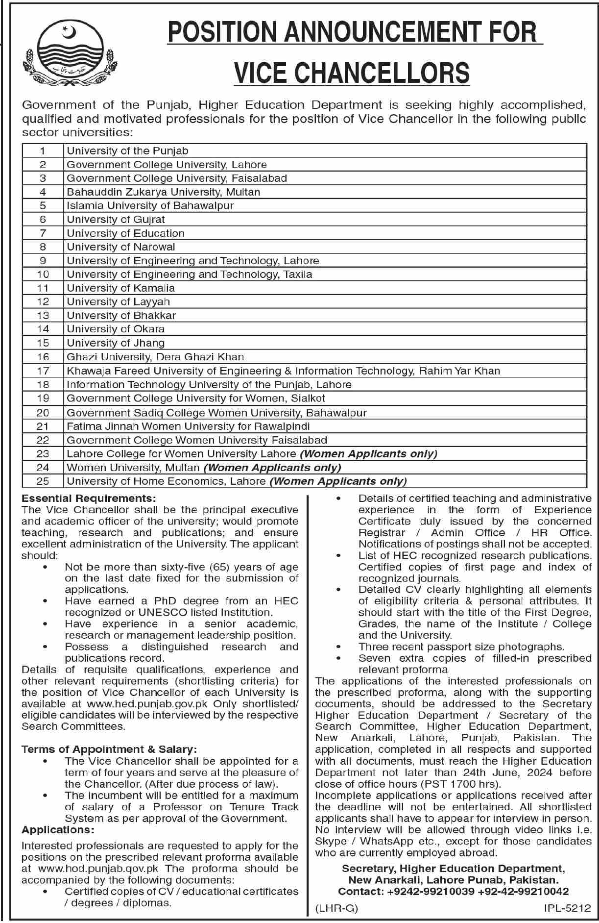 HIGHER EDUCATION DEPARTMENT, PUNJAB - POSITION ANNOUNCEMENT FOR VICE CHANCELLORS 2024