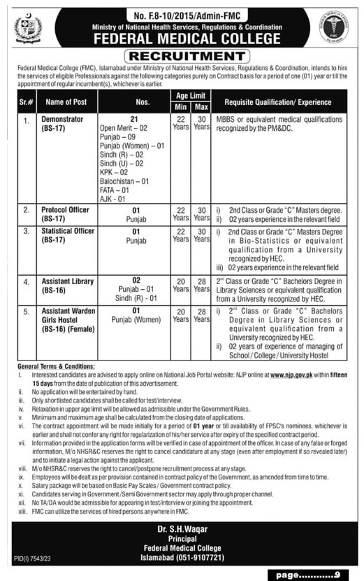 FEDERAL MEDICAL COLLEGE, ISLAMABAD - FMC RECRUITMENT JUNE 2024