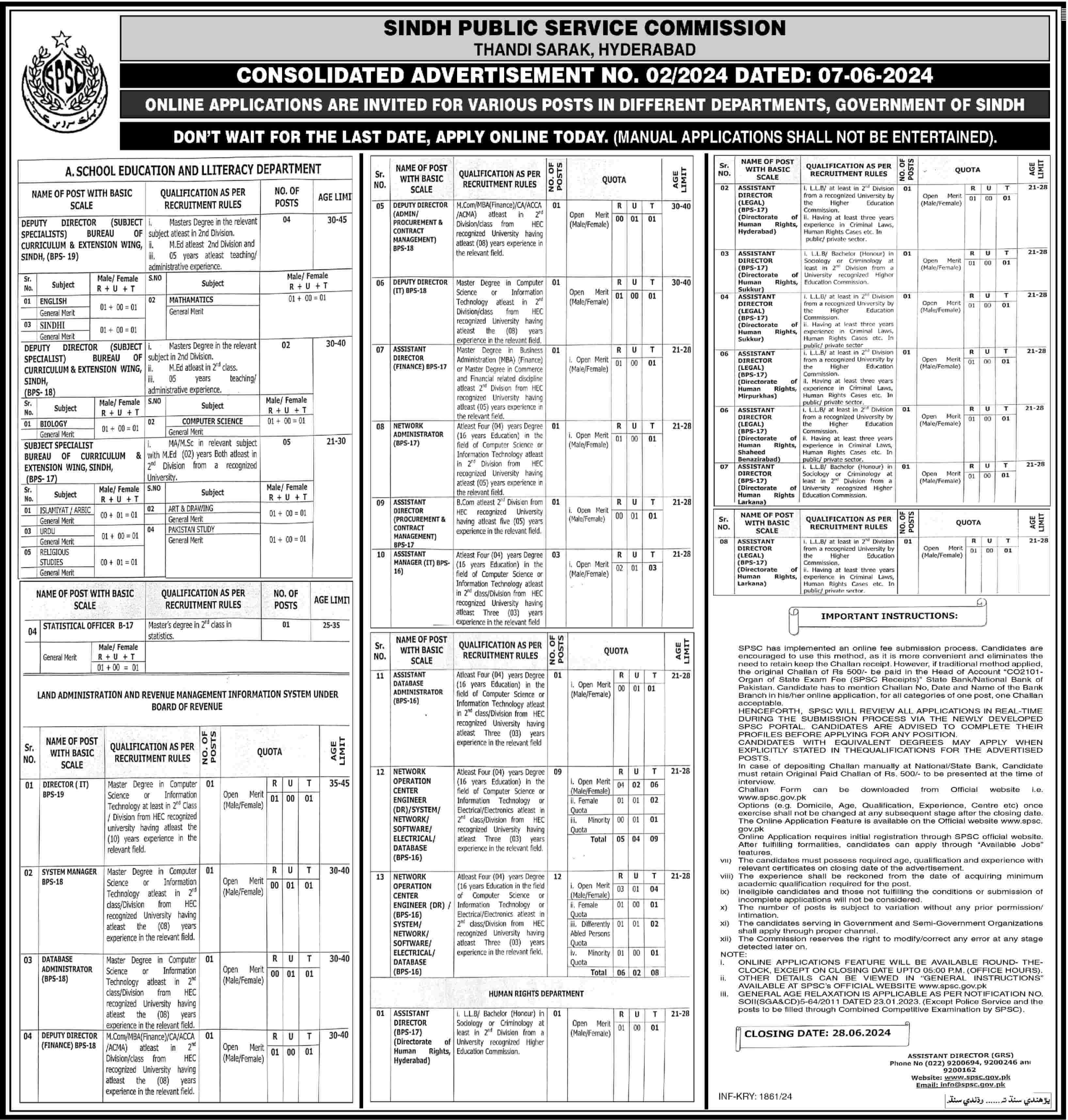 SINDH PUBLIC SERVICE COMMISSION HYDERABAD | SPSC CONSOLIDATED ADVERTISEMENT NO. 02/2024