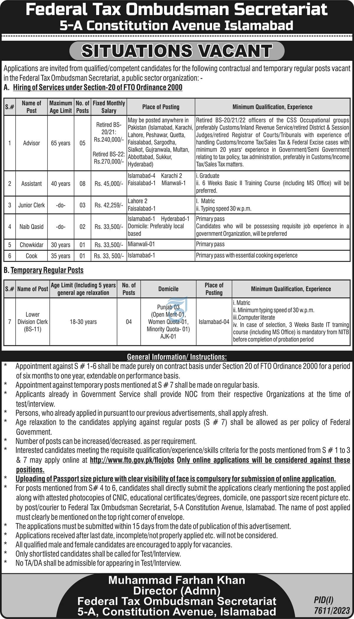 FEDERAL TAX OMBUDSMAN SECRETARIAT | FTO, SITUATIONS VACANT 06-2024