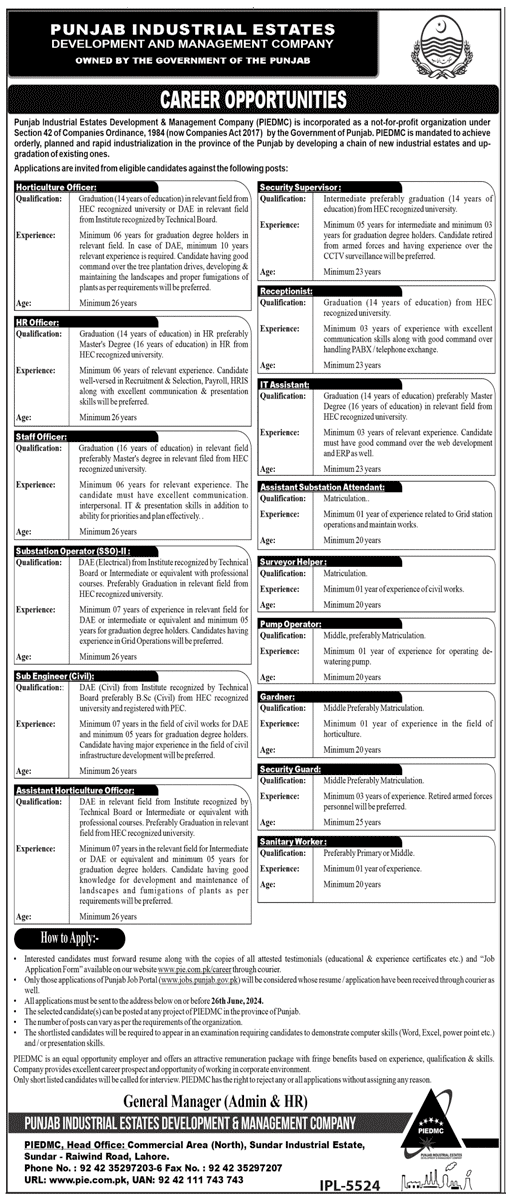 PUNJAB INDUSTRIAL ESTATES DEVELOPMENT & MANAGEMENT COMPANY | PIEDMC, CAREER OPPORTUNITIES 06-2024