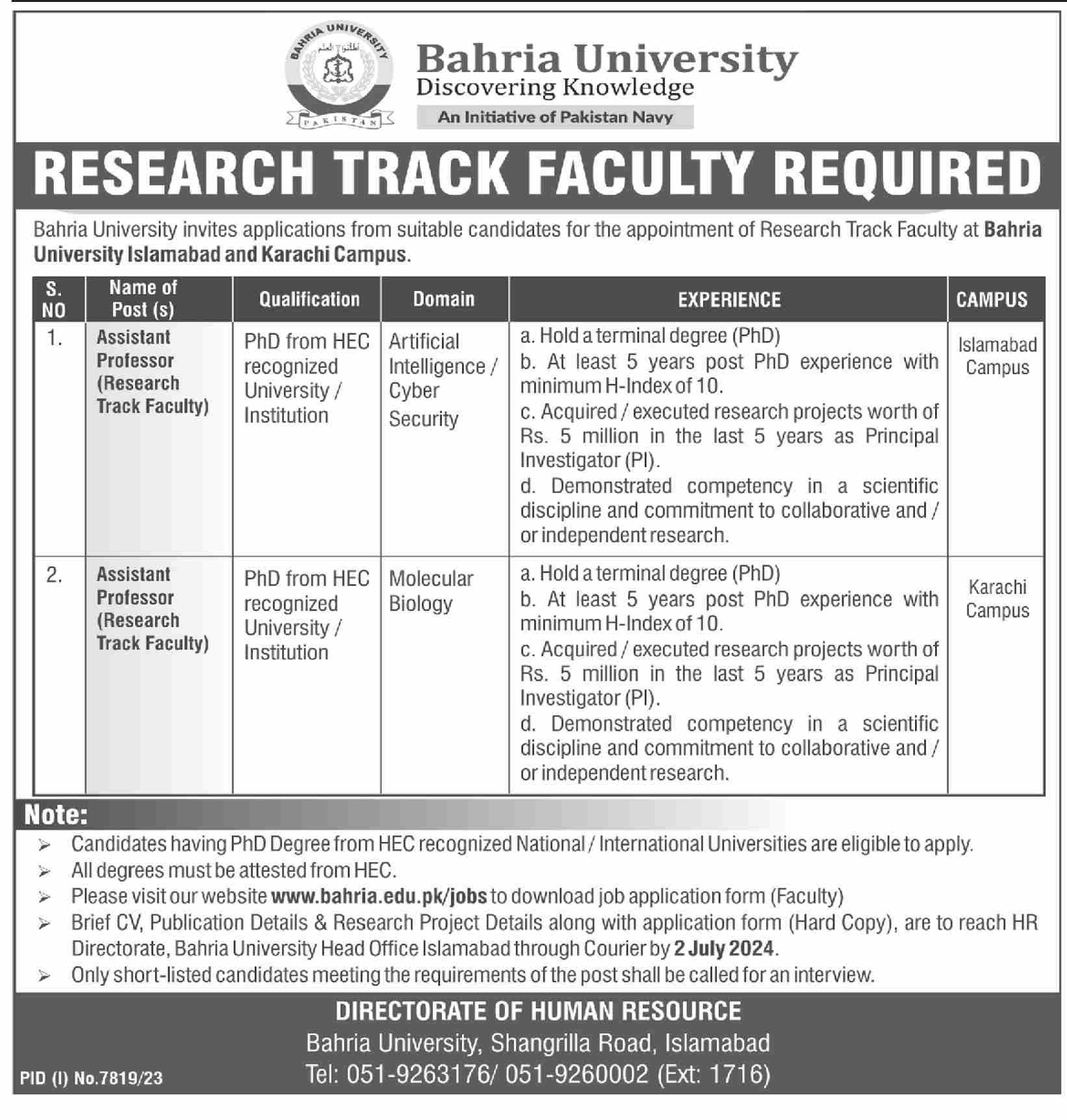 BAHRIA UNIVERSITY ISLAMABAD & KARACHI CAMPUS | RESEARCH TRACK FACULTY REQUIRED 06-2024