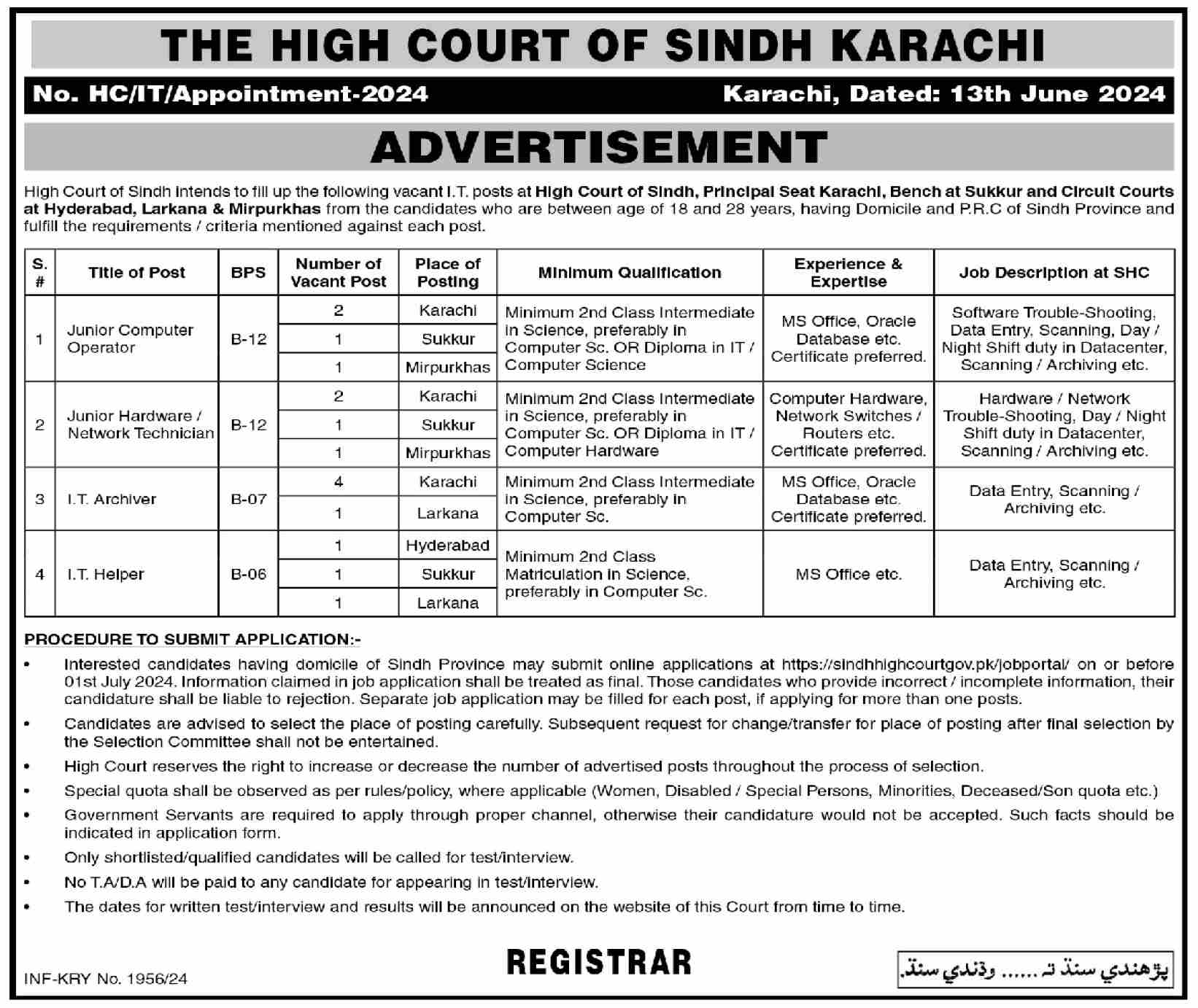 THE HIGH COURT OF SINDH | PRINCIPAL SEAT KARACHI, BENCH & CIRCUIT COURTS, IT STAFF ADVERTISEMENT 06-2024