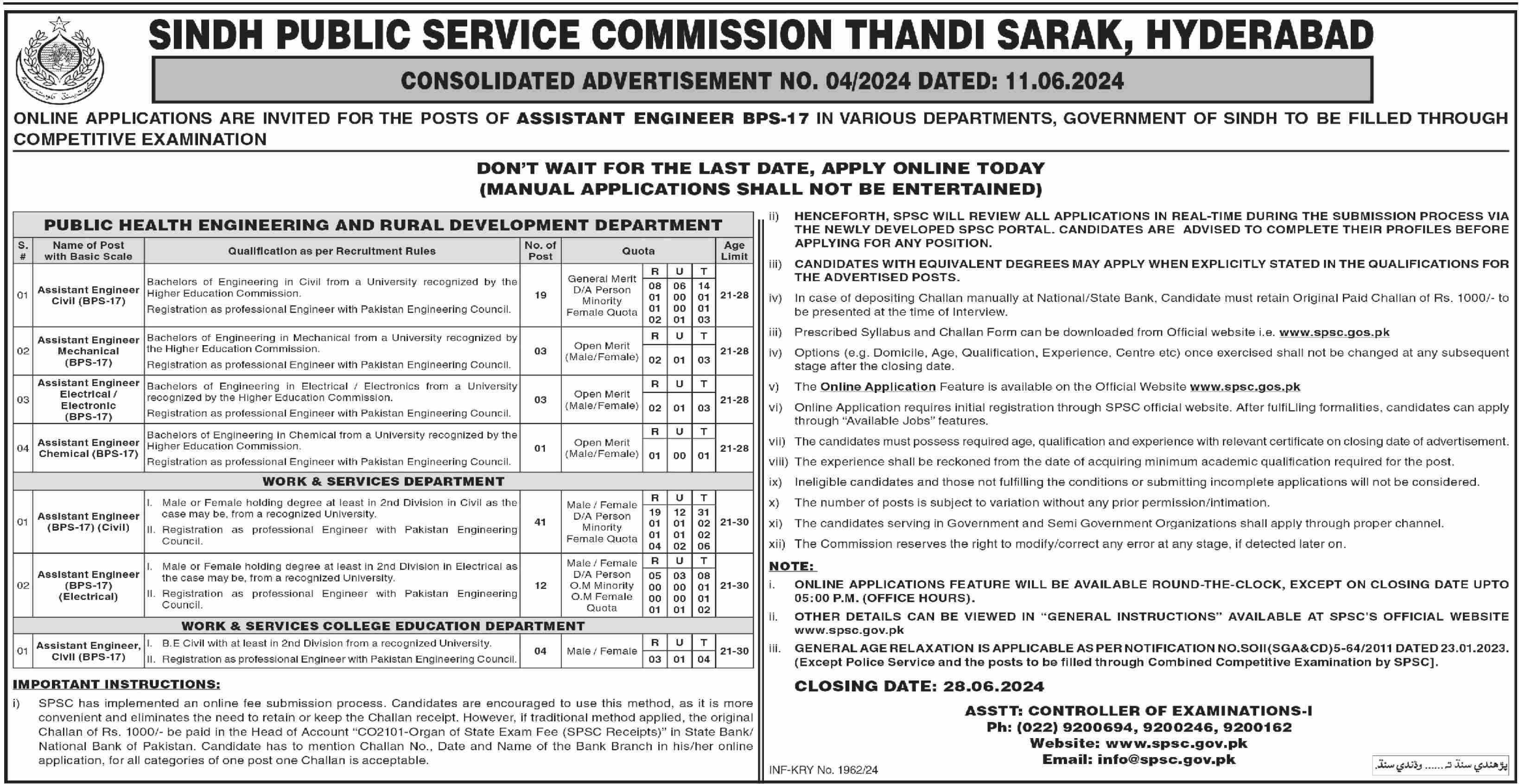 SINDH PUBLIC SERVICE COMMISSION HYDERABAD | SPSC CONSOLIDATED ADVERTISEMENT NO. 04/2024