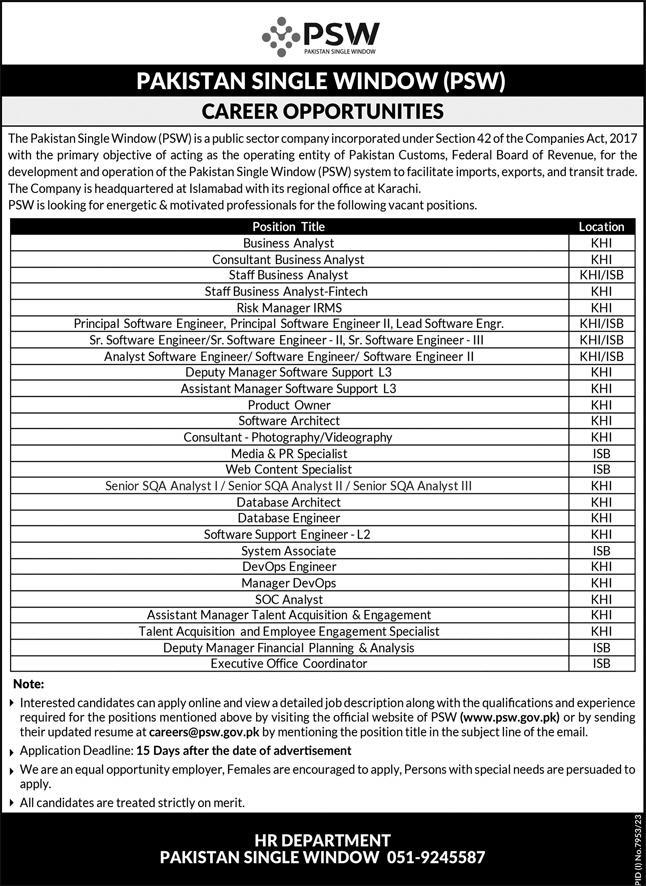 PAKISTAN CUSTOMS, FEDERAL BOARD OF REVENUE | PAKISTAN SINGLE WINDOW (PSW), CAREER OPPORTUNITIES 06-2024