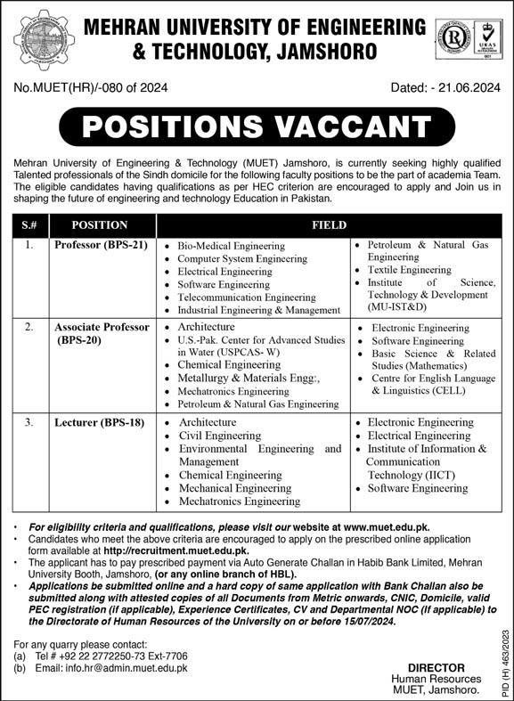 MEHRAN UNIVERSITY OF ENGINEERING & TECHNOLOGY, JAMSHORO | MUET, FACULTY POSITIONS VACCANT 06-2024