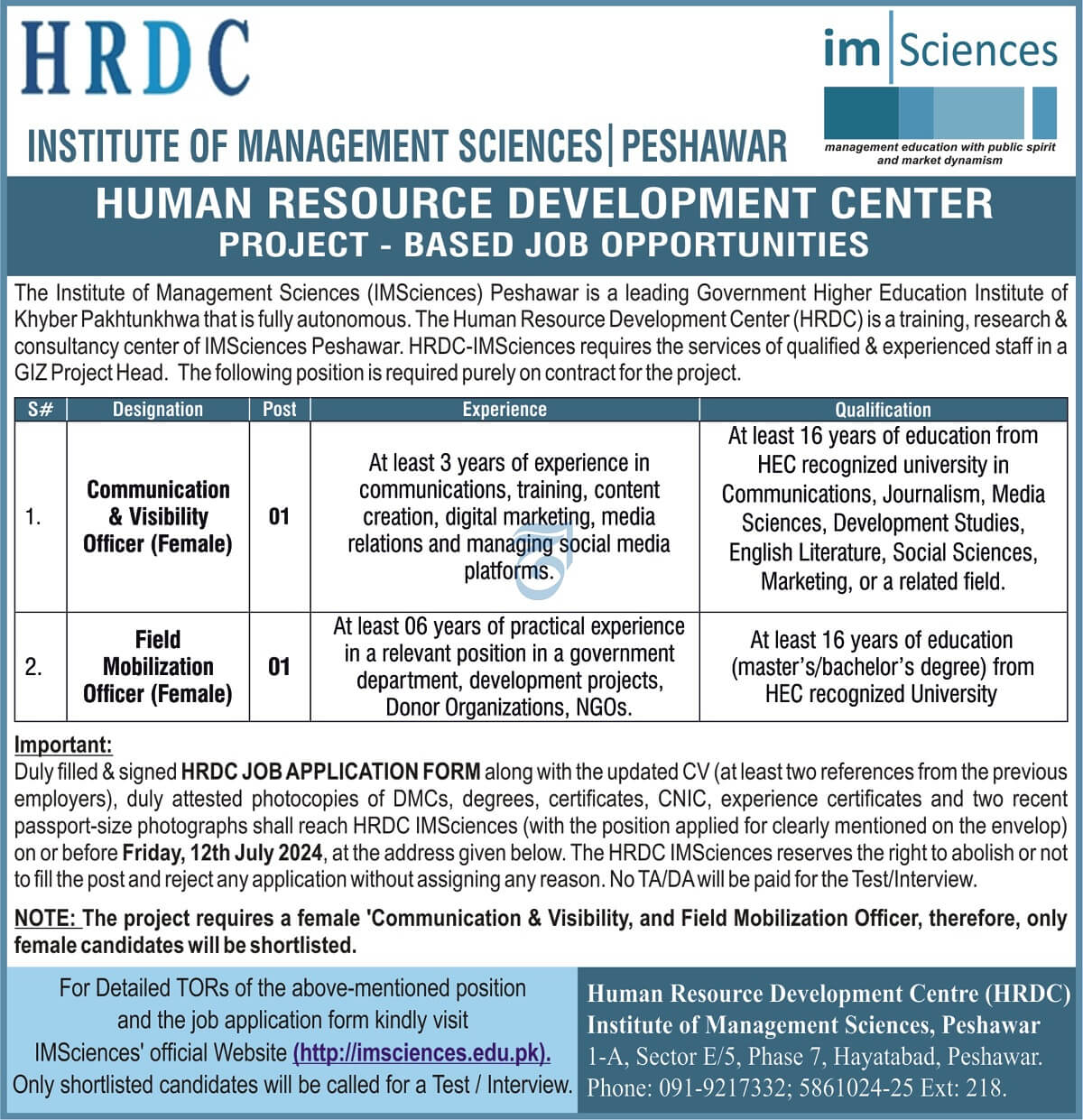 INSTITUTE OF MANAGEMENT SCIENCES | IMSCIENCES PESHAWAR REQUIRES STAFF IN A GIZ PROJECT HEAD 06-2024