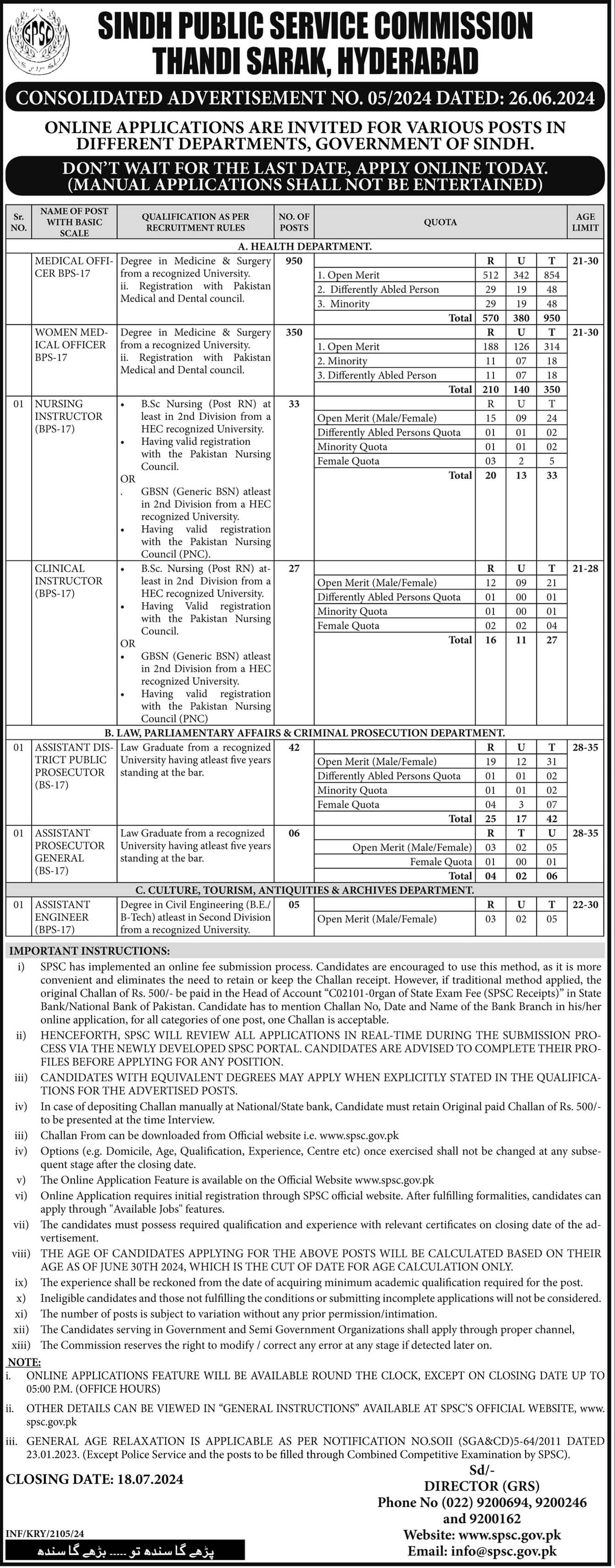 SINDH PUBLIC SERVICE COMMISSION HYDERABAD | SPSC CONSOLIDATED ADVERTISEMENT NO. 05/2024