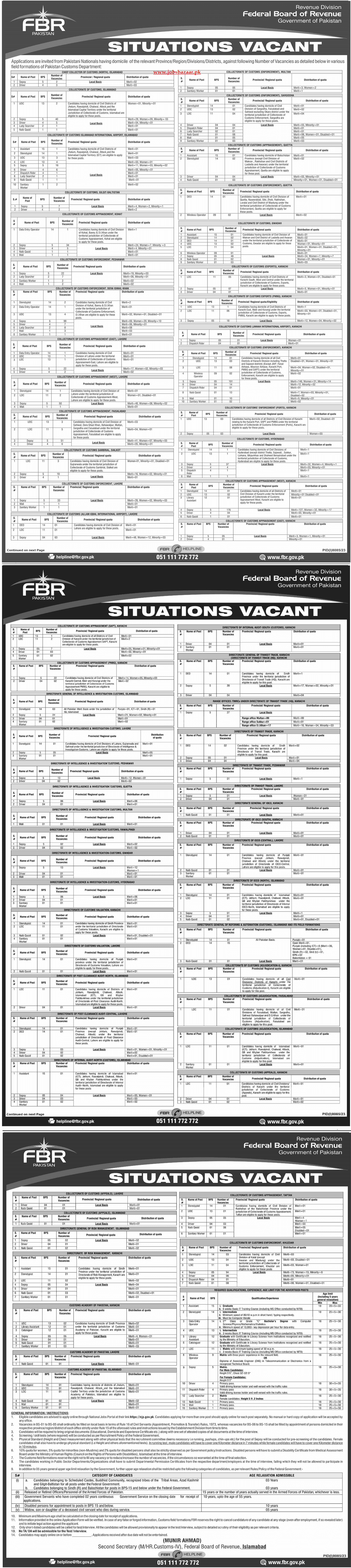 FEDERAL BOARD OF REVENUE (FBR) | PAKISTAN CUSTOMS DEPARTMENT, FIELD FORMATIONS VACANCIES 06-2024