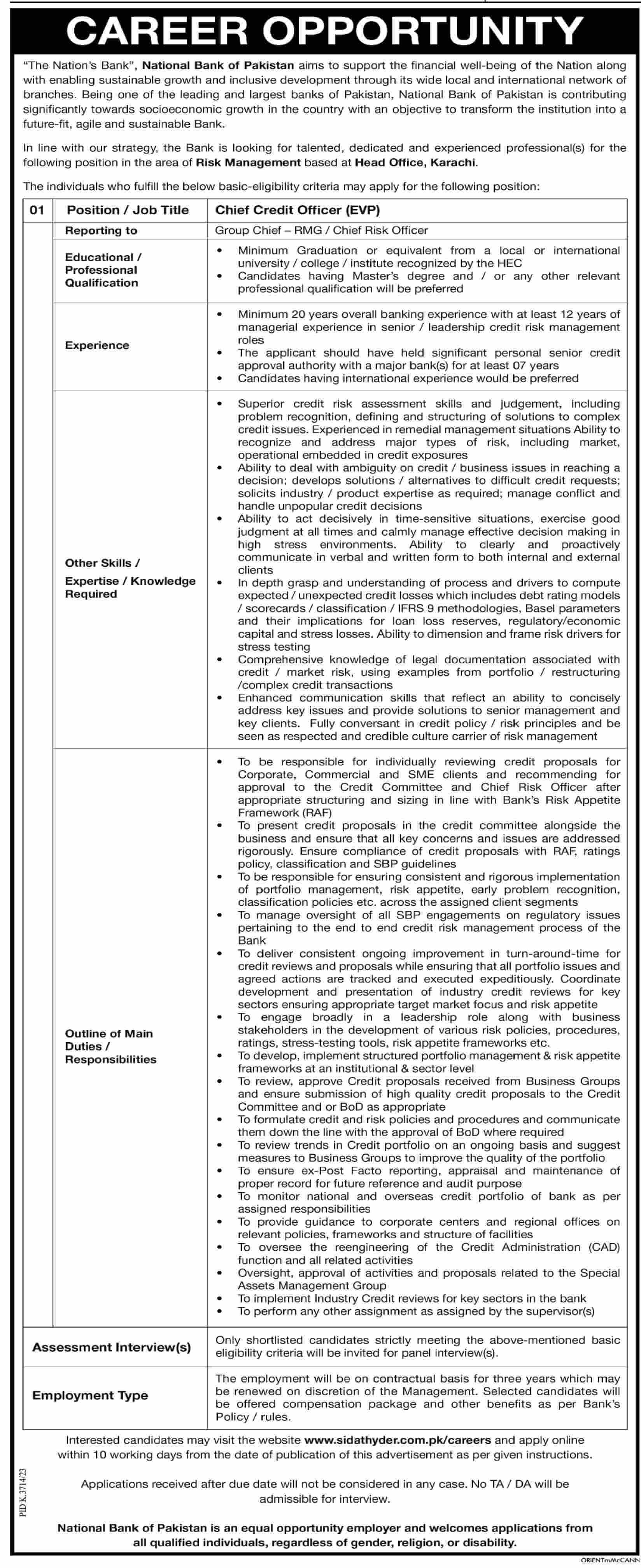 NATIONAL BANK OF PAKISTAN | NBP RISK MANAGEMENT, CHIEF CREDIT OFFICER POSITION 06-2024
