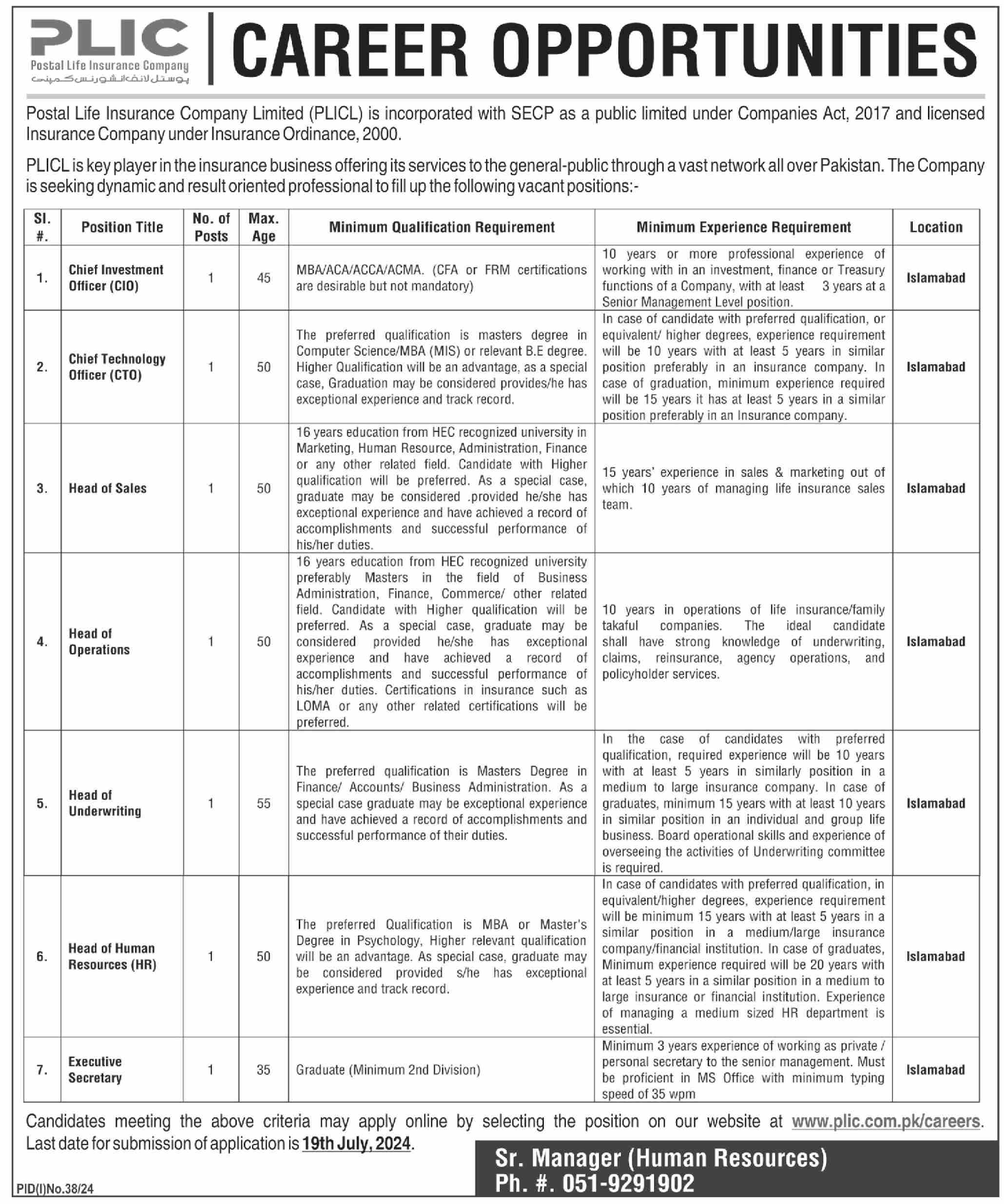 POSTAL LIFE INSURANCE COMPANY LIMITED | PLICL, CAREER OPPORTUNITIES 07-2024
