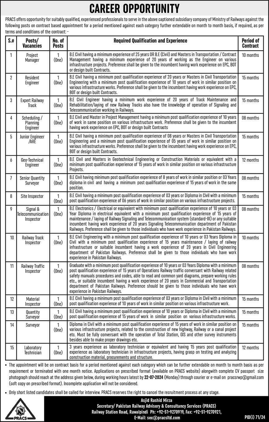 PAKISTAN RAILWAY ADVISORY & CONSULTANCY SERVICES, MINISTRY OF RAILWAYS | PRACS, VACANT POSITIONS 07-2024