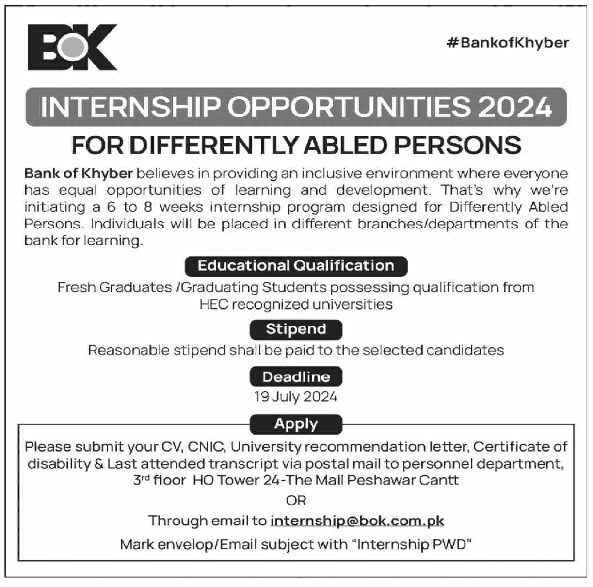 BANK OF KHYBER | BOK, INTERNSHIP PROGRAM FOR DIFFERENTLY ABLED PERSONS 2024