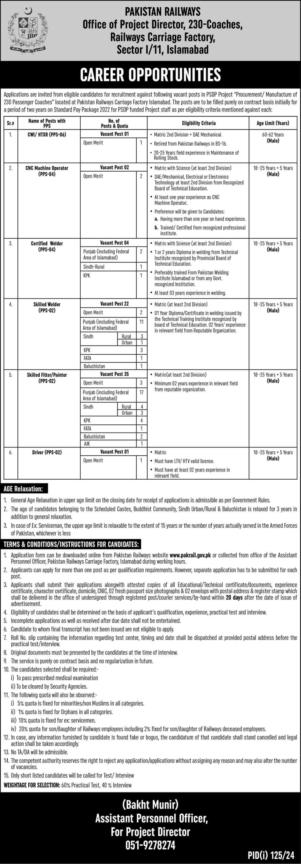 PAKISTAN RAILWAYS CARRIAGE FACTORY, ISLAMABAD | 230 PASSENGER COACHES PROJECT, CAREER OPPORTUNITIES 07-2024