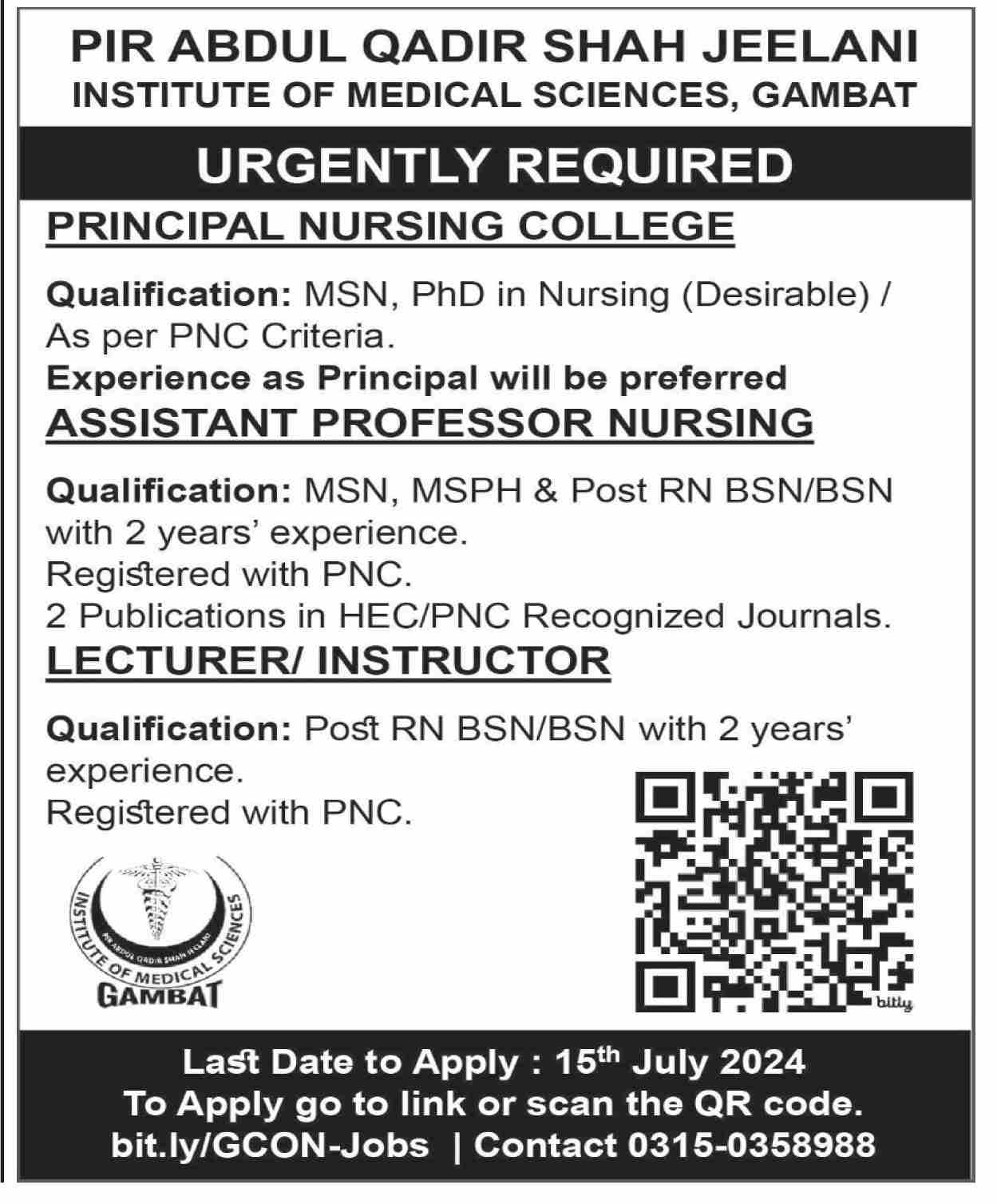 PIR ABDUL QADIR SHAH JEELANI INSTITUTE OF MEDICAL SCIENCES, GAMBAT | PRINCIPAL & NURSING FACULTY REQUIRED 07-2024