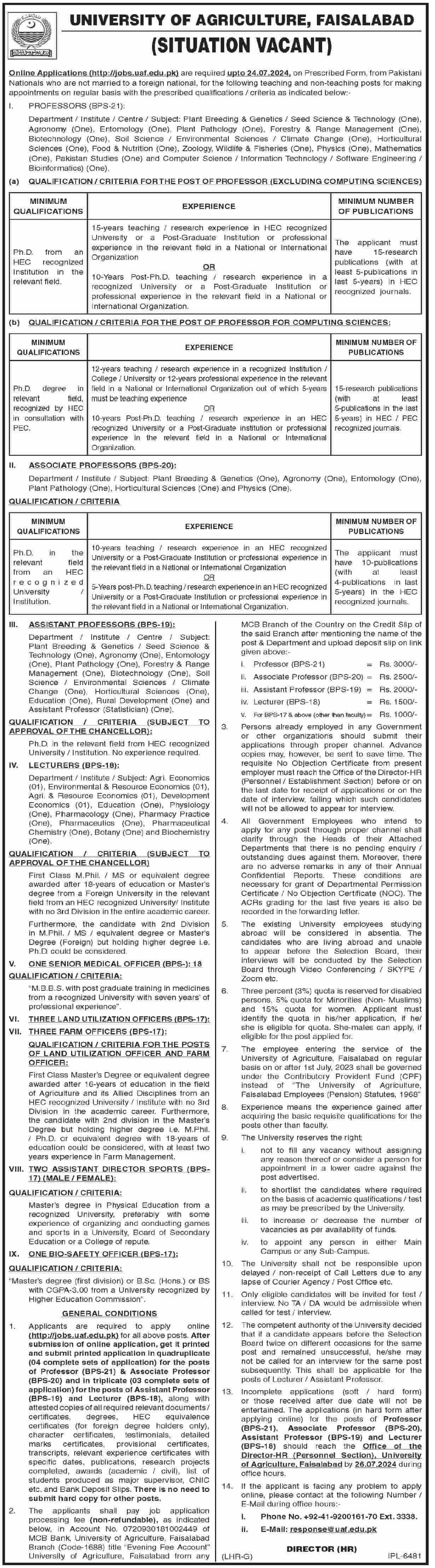 UNIVERSITY OF AGRICULTURE FAISALABAD | UAF, TEACHING/NON-TEACHNG VACANCIES 07-2024