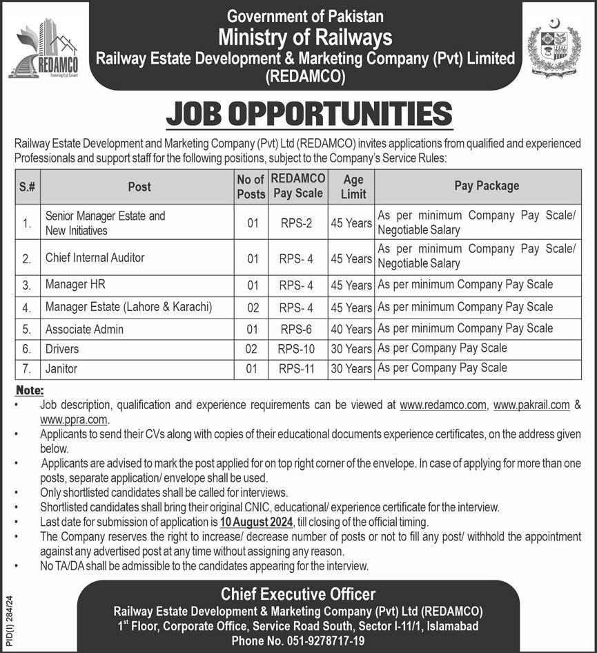 RAILWAY ESTATE DEVELOPMENT & MARKETING COMPANY | REDAMCO, JOB OPPORTUNITIES 07-2024