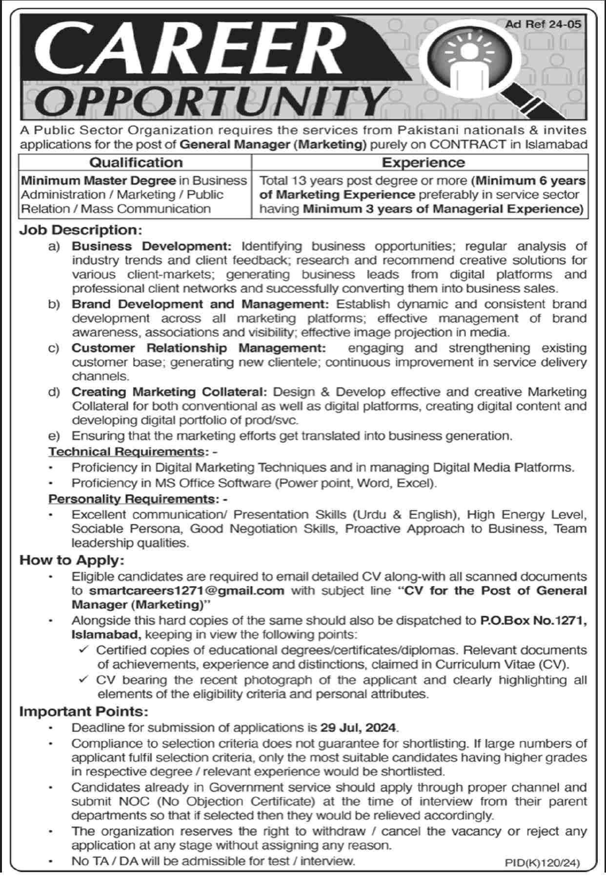 PO BOX NO 1271 ISLAMABAD | PAEC, GENERAL MANAGER MARKETING POSITION 07-2024