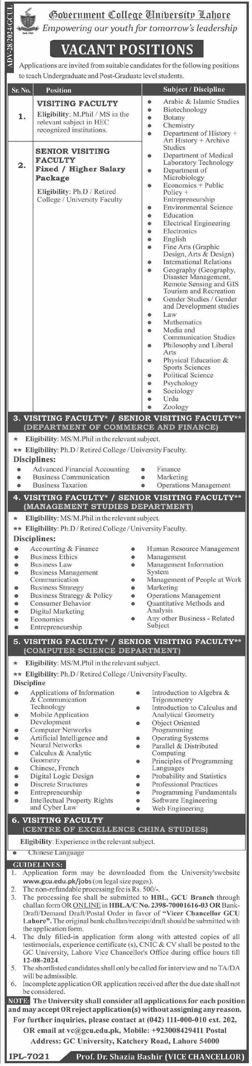 GOVT COLLEGE UNIVERSITY, LAHORE | GC LAHORE, VISITING FACULTY VACANT POSITIONS 07-2024