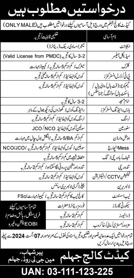 CADET COLLEGE JHELUM | STAFF POSITIONS AVAILABLE 07-2024