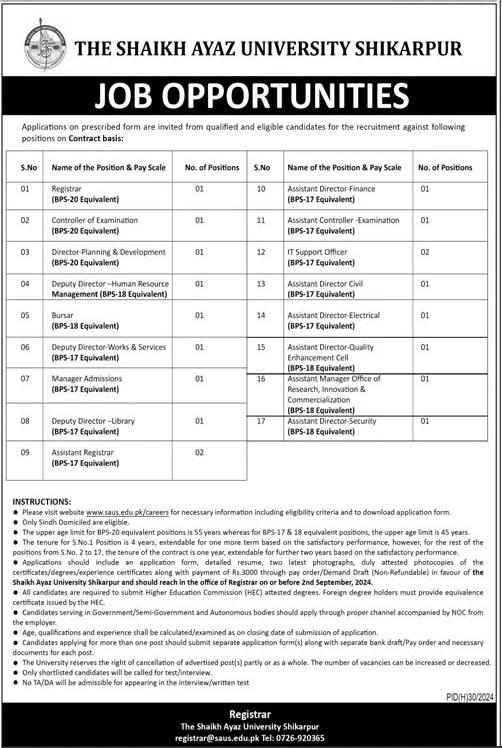 THE SHAIKH AYAZ UNIVERSITY SHIKARPUR, JOB OPPORTUNITIES 07-2024