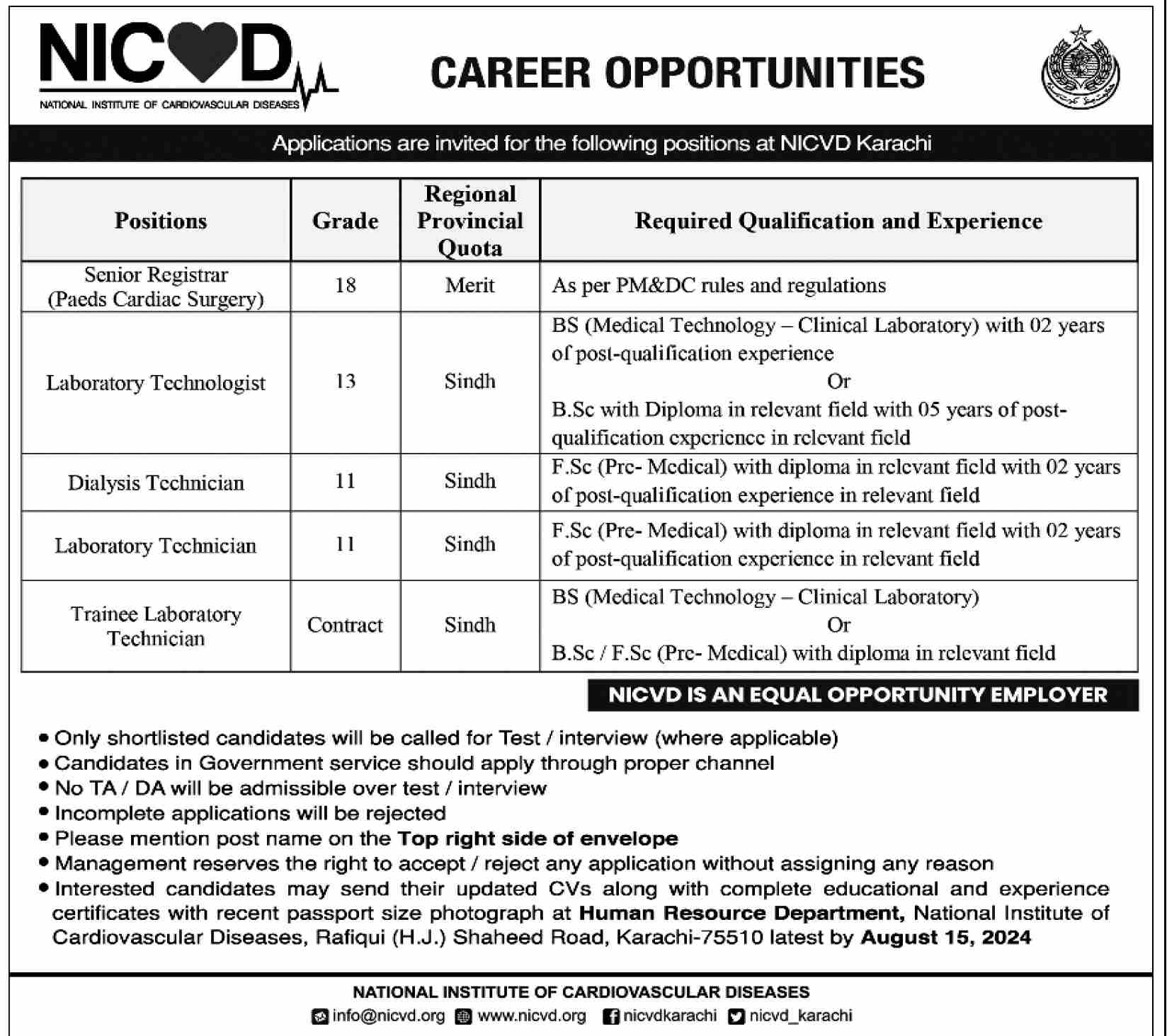 NATIONAL INSTITUTE OF CARDIOVASCULAR DISEASES | NICVD KARACHI, MEDICAL & TECHNICIAN VACANCIES 08-2024