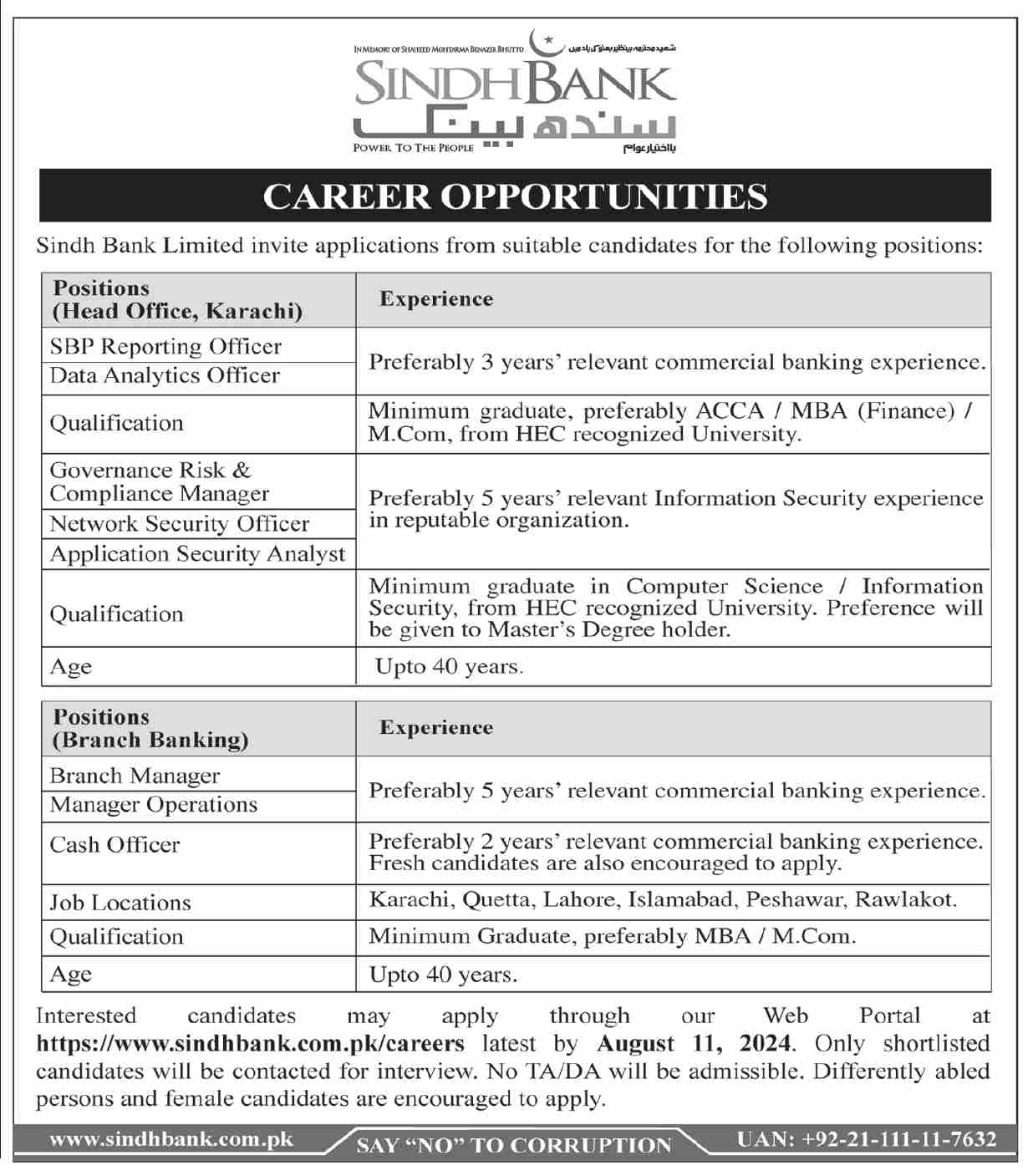 SINDH BANK LIMITED | HEAD OFFICE & BRANCH BANKING POSITIONS 08-2024