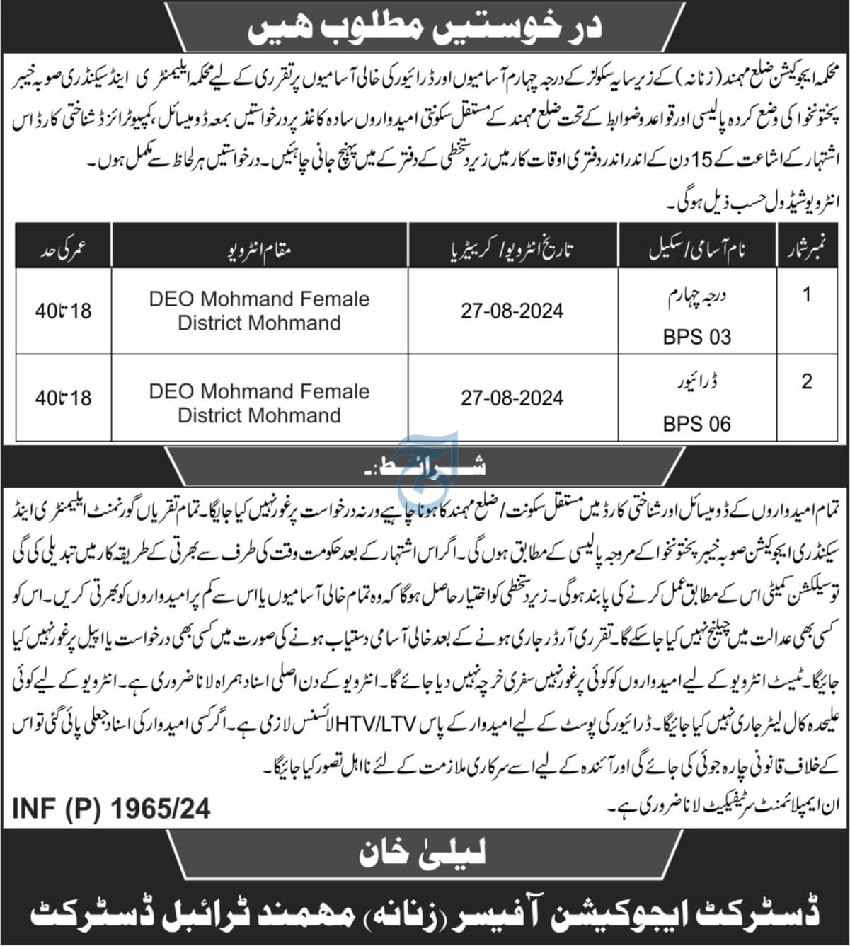 KP ELEMENTARY & SECONDARY EDUCATION DEPARTMENT | KPESED, DISTRICT MOHMAND VACANCIES 08-2024