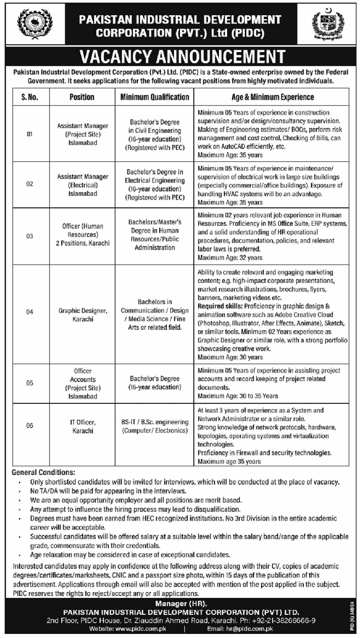 PAKISTAN INDUSTRIAL DEVELOPMENT CORPORATION | PIDC, REGULAR & PROJECT SITE VACANCIES 08-2024