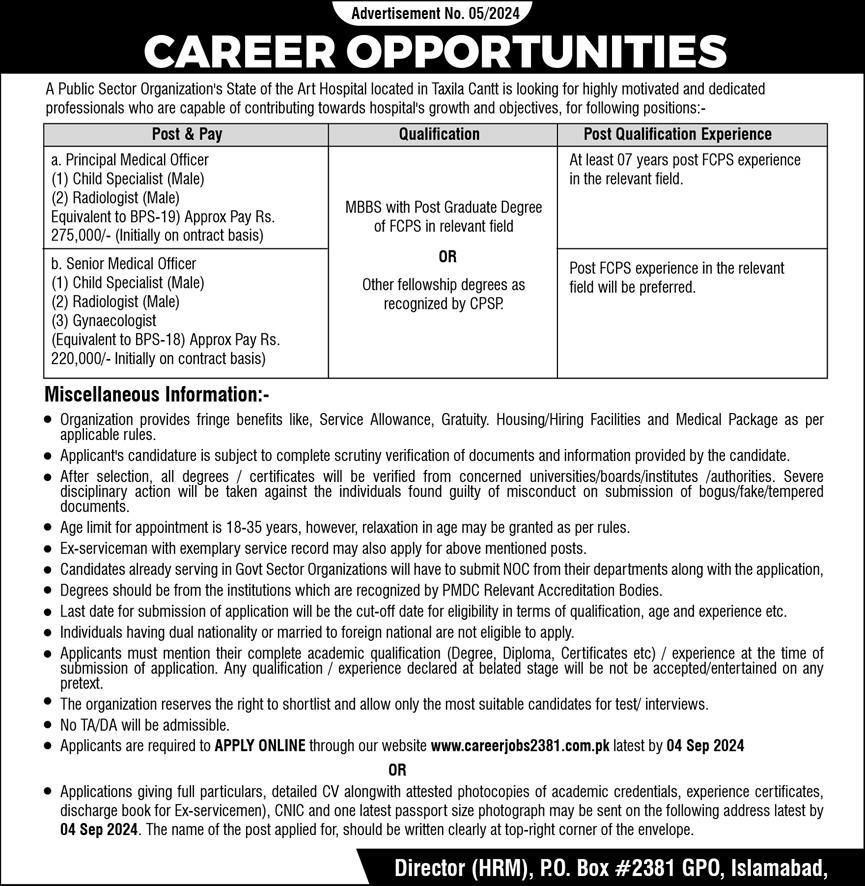 PUBLIC SECTOR ORGANIZATION'S HOSPITAL TAXILA | CAREER JOBS 2381 - AD NO.05/2024