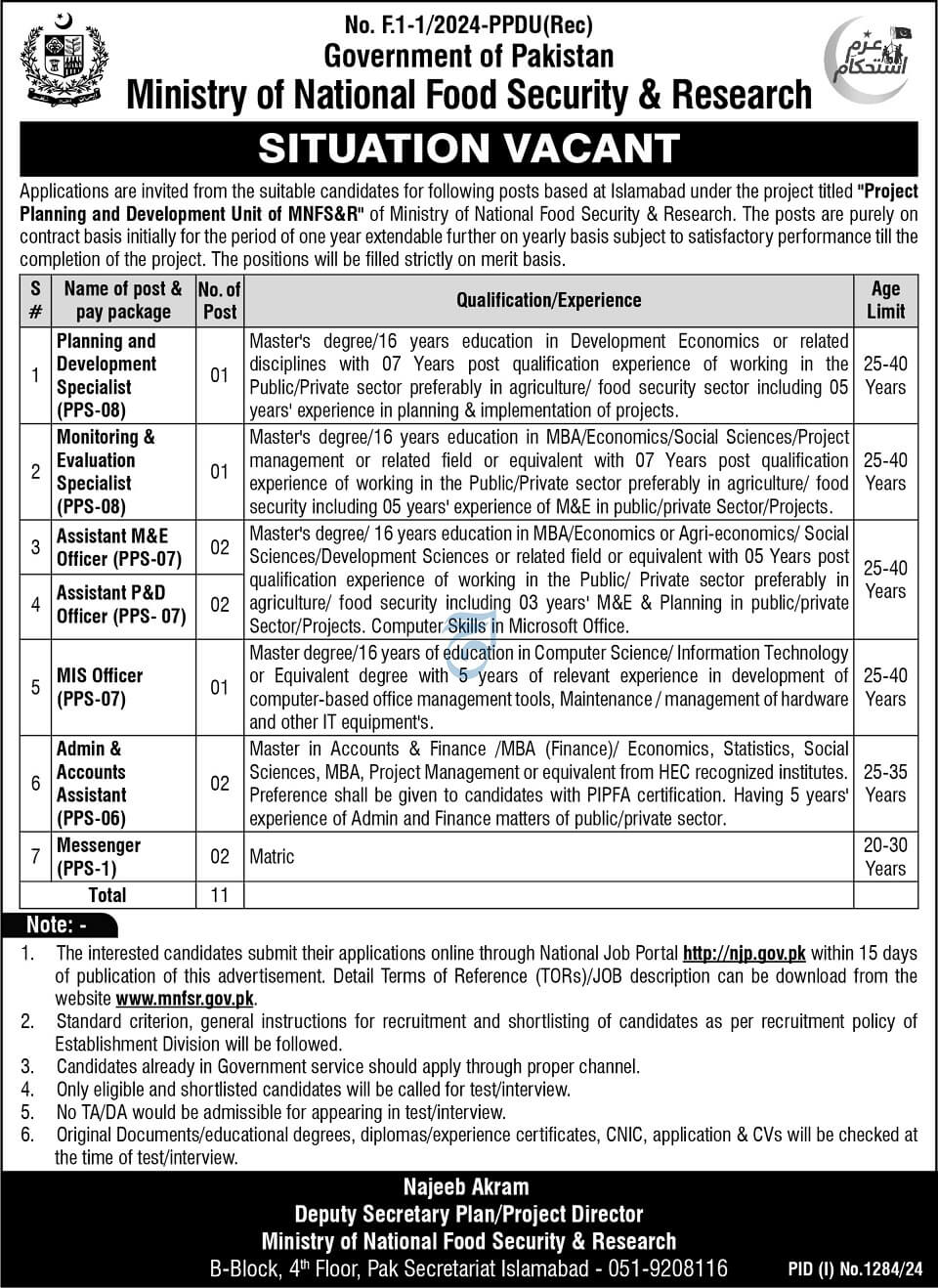 MINISTRY OF NATIONAL FOOD SECURITY & RESEARCH | PLANNING & DEVELOPMENT UNIT OF MNFS&R PROJECT VACANCIES 08-2024