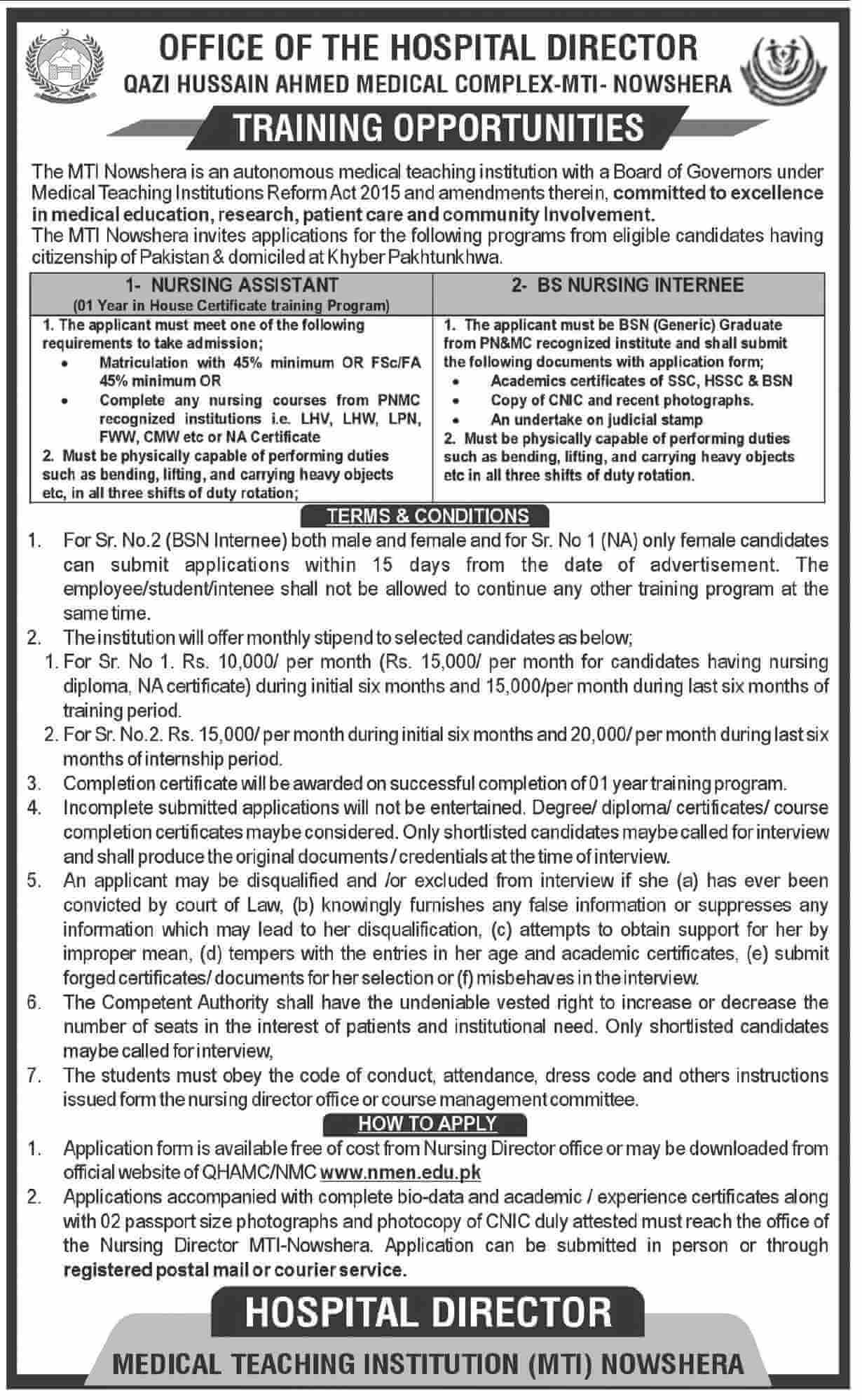 QAZI HUSSAIN AHMED MEDICAL COMPLEX, MTI NOWSHERA | IN-HOUSE NURSING TRAINING PROGRAM 08-2024