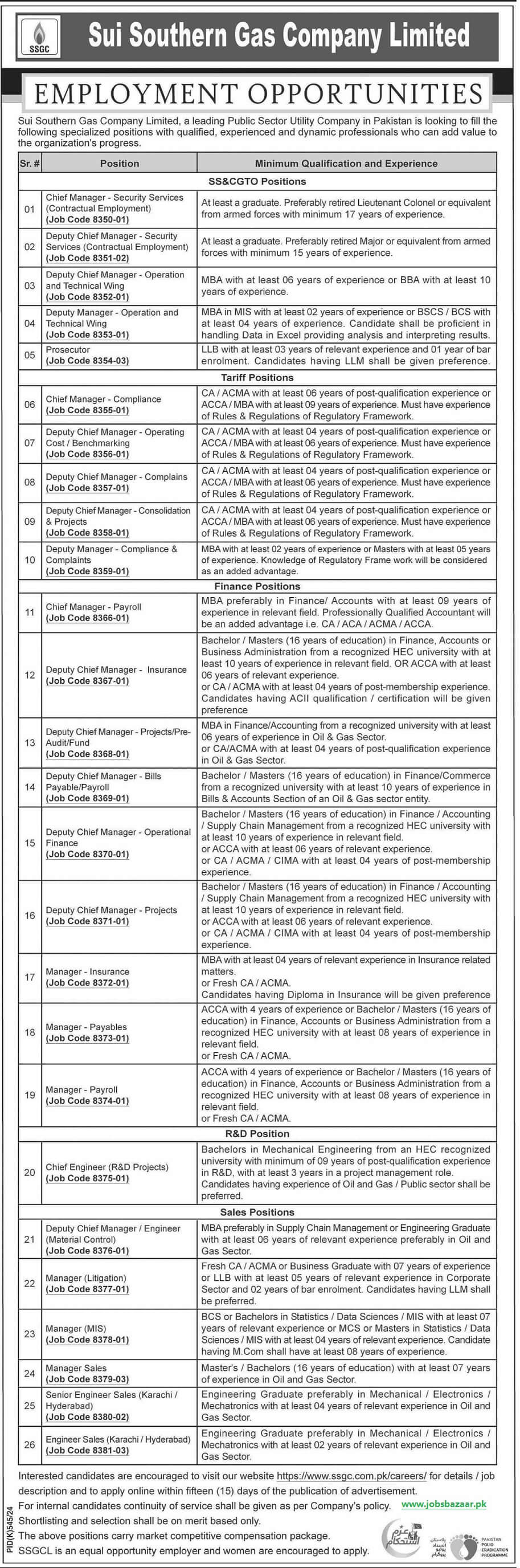 SUI SOUTHERN GAS COMPANY LIMITED | SSGC, MANAGERS, ENGINEERS & PROSECUTOR POSITIONS 08-2024