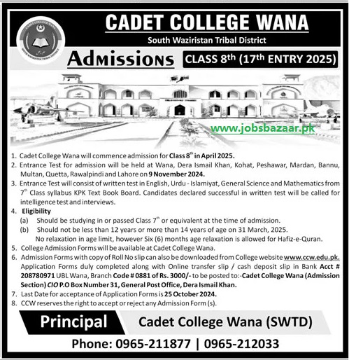 CADET COLLEGE WANA, SOUTH WAZIRISTAN - ADMISSIONS CLASS 8TH, 17TH ENTRY 2025