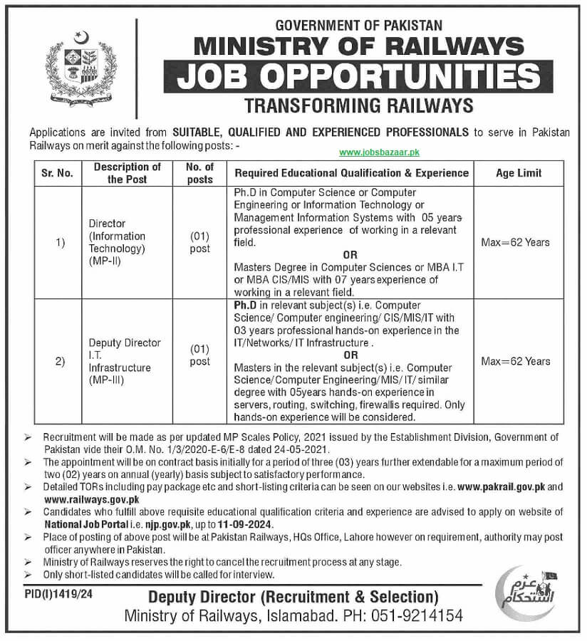 PAKISTAN RAILWAYS | IT & IT INFRASTRUCTURE MANAGEMENT POSITIONS 08-2024