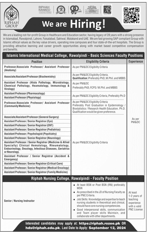 ISLAMIC INTERNATIONAL MEDICAL COLLEGE & RIPHAH NURSING COLLEGE, RAWALPINDI ARE HIRING FOR FACULTY POSITIONS 09-2024