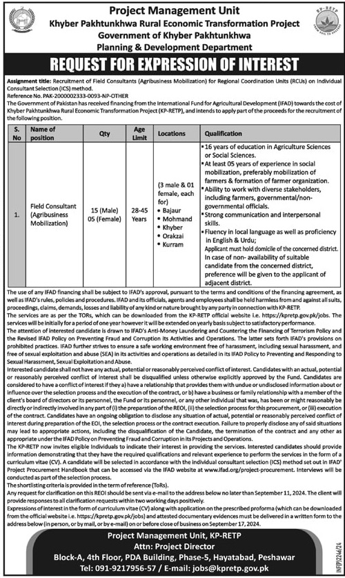 PLANNING & DEVELOPMENT DEPARTMENT KHYBER PAKHTUNKHWA | RECRUITMENT OF FIELD CONSULTANTS AGRIBUSINESS MOBILIZATION FOR REGIONAL COORDINATION UNITS 09-2024
