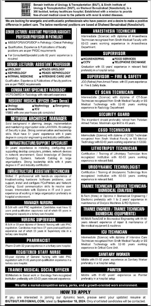 TEACHING FACULTY & STAFF VACANCIES IN BENAZIR INSTITUTE OF UROLOGY & TRANSPLANTATION (BIUT) & SINDH INSTITUTE OF UROLOGY & TRANSPLANTATION (SIUT) HEALTHCARE HOSPITAL SHAHEED BENAZIRABAD 09-2024
