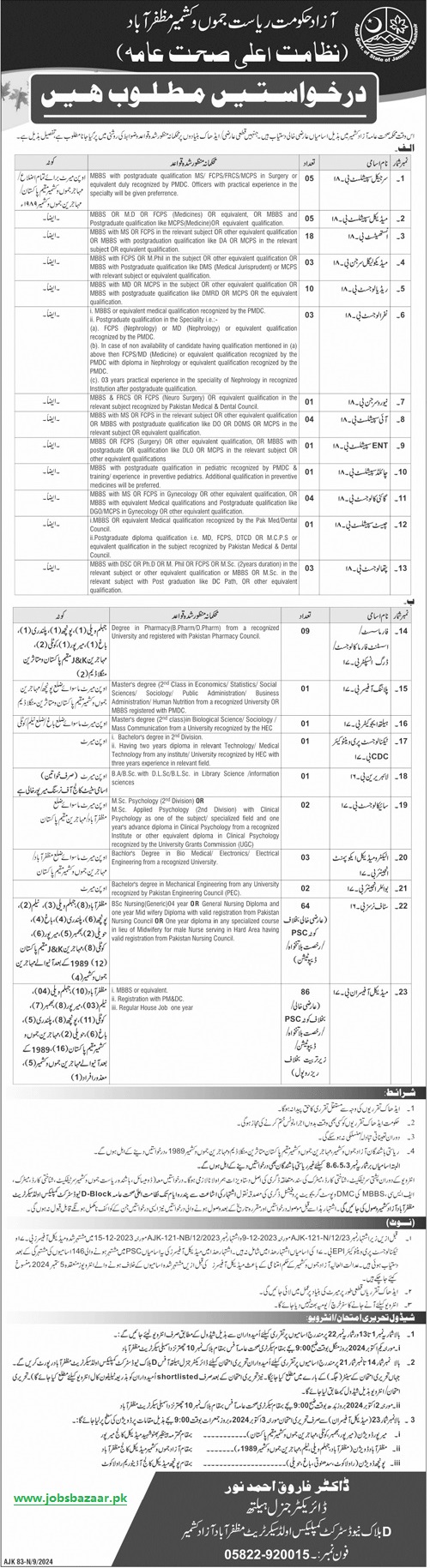 HEALTH DEPARTMENT AZAD JAMMU & KASHMIR | JOB APPLICATIONS INVITED FOR ADHOC/CONTRACTUAL POSTS 09-2024