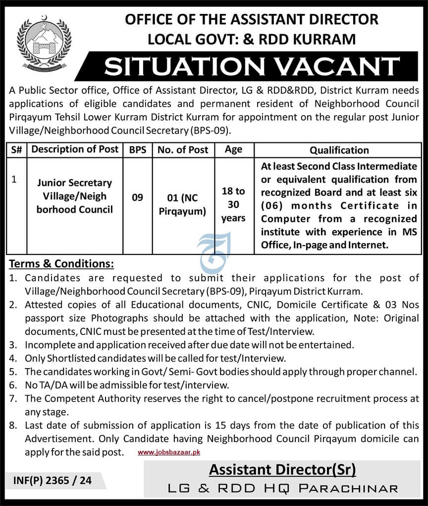 OFFICE OF THE ASSISTANT DIRECTOR LOCAL GOVT & RDD KURRAM | JUNIOR SECRETARY VILLAGE/NEIGH BORHOOD COUNCIL VACANCY 09-2024