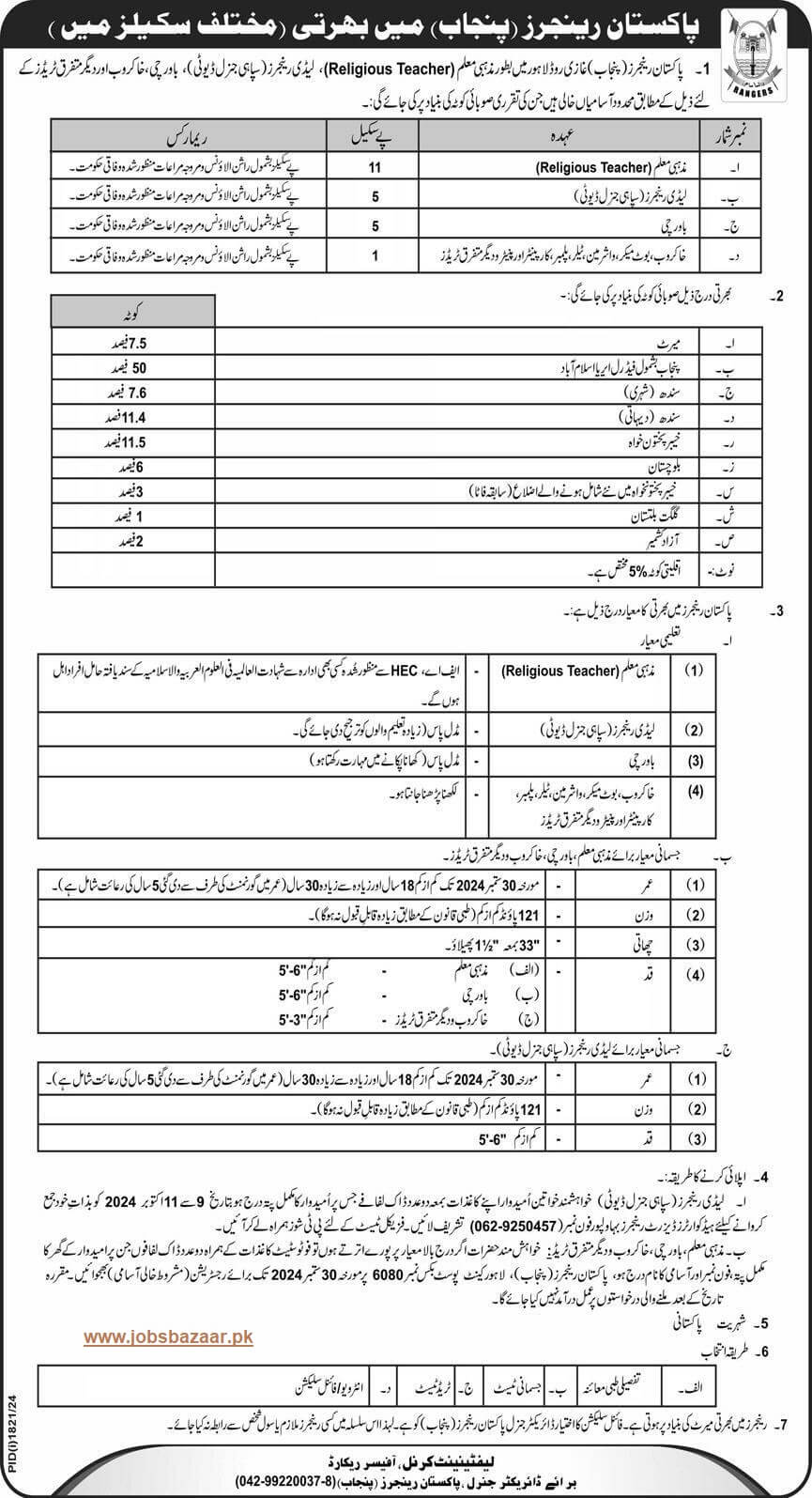 JOIN PAKISTAN RANGERS PUNJAB AS RELIGIOUS TEACHER, LADY RANGERS & OTHER TRADES SEPT-2024